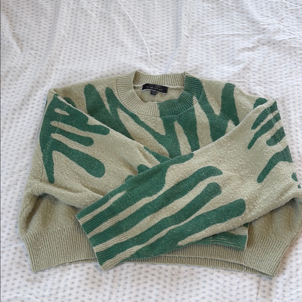Blue Blush Green and Cream Crewneck Sweater with Artistic Pattern